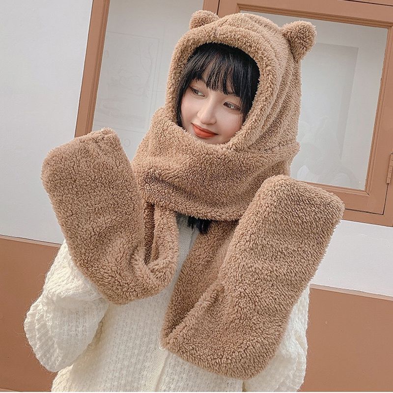 Yiwu's best-selling items: Scarves, bear hats, and all-in-one scarves for women in autumn and winter. Plush, warm, ear-protecting, and cute bear neck sets Specification image