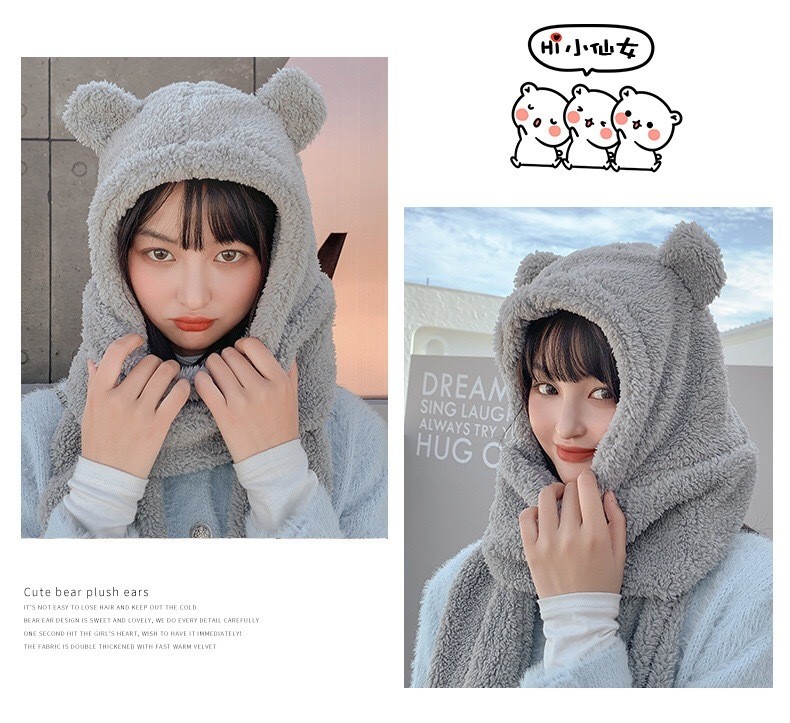 Yiwu's best-selling items: Scarves, bear hats, and all-in-one scarves for women in autumn and winter. Plush, warm, ear-protecting, and cute bear neck sets detail image 10