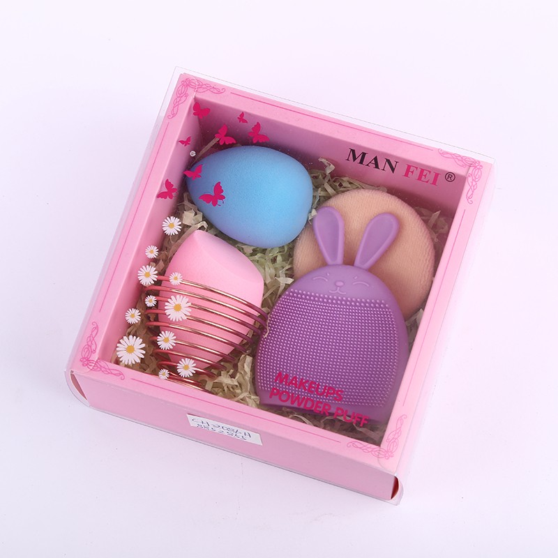 Cartoon cute silicone rabbit face wash brush, non-latex sponge gourd, diagonal cut water drop, beauty egg, makeup egg set detail image 2