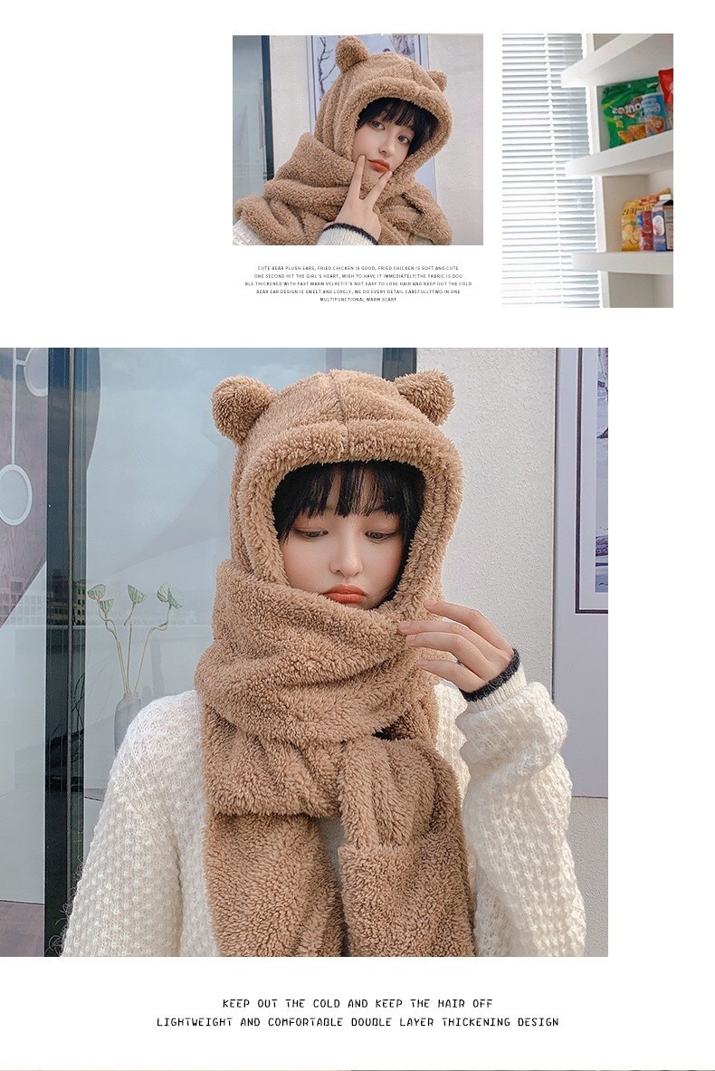 Yiwu's best-selling items: Scarves, bear hats, and all-in-one scarves for women in autumn and winter. Plush, warm, ear-protecting, and cute bear neck sets detail image 16