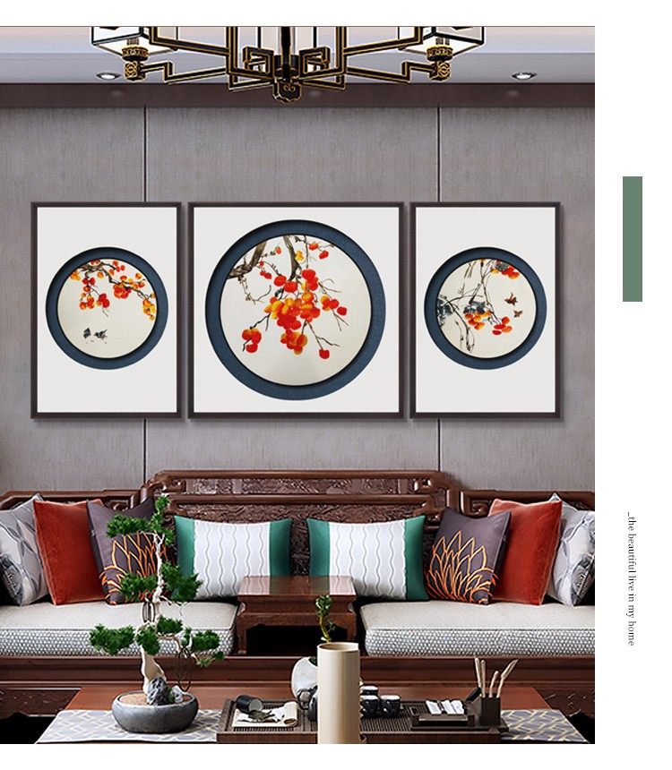 Persimmon Ruyi New Chinese Decorative Painting Office Murals Modern Combination Triptych Artistic Conception Landscape Painting Sofa Background Painting Application Scenario