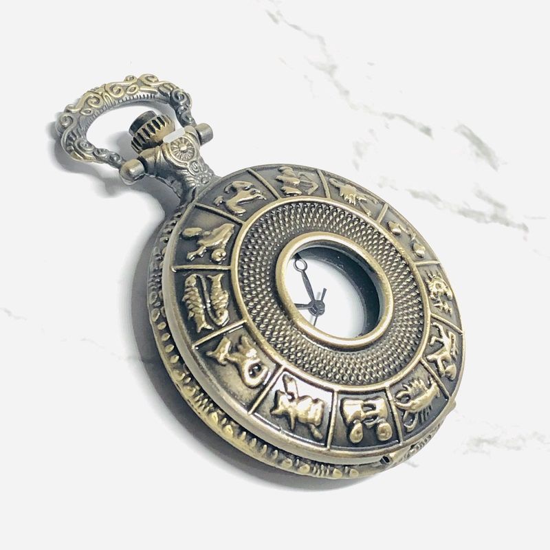 Creative 12 zodiac hollowed-out classic pocket watch with bracelet and retro color flip quartz watch details Picture