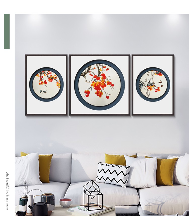 Persimmon Ruyi New Chinese Decorative Painting Office Murals Modern Combination Triptych Artistic Conception Landscape Painting Sofa Background Painting Specification drawing
