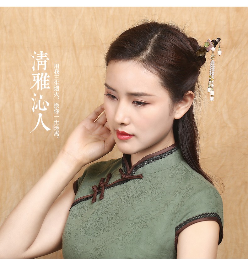 汉服发簪女古风贝壳珍珠头饰品流苏步摇发钗黑檀木质簪子简约盘发