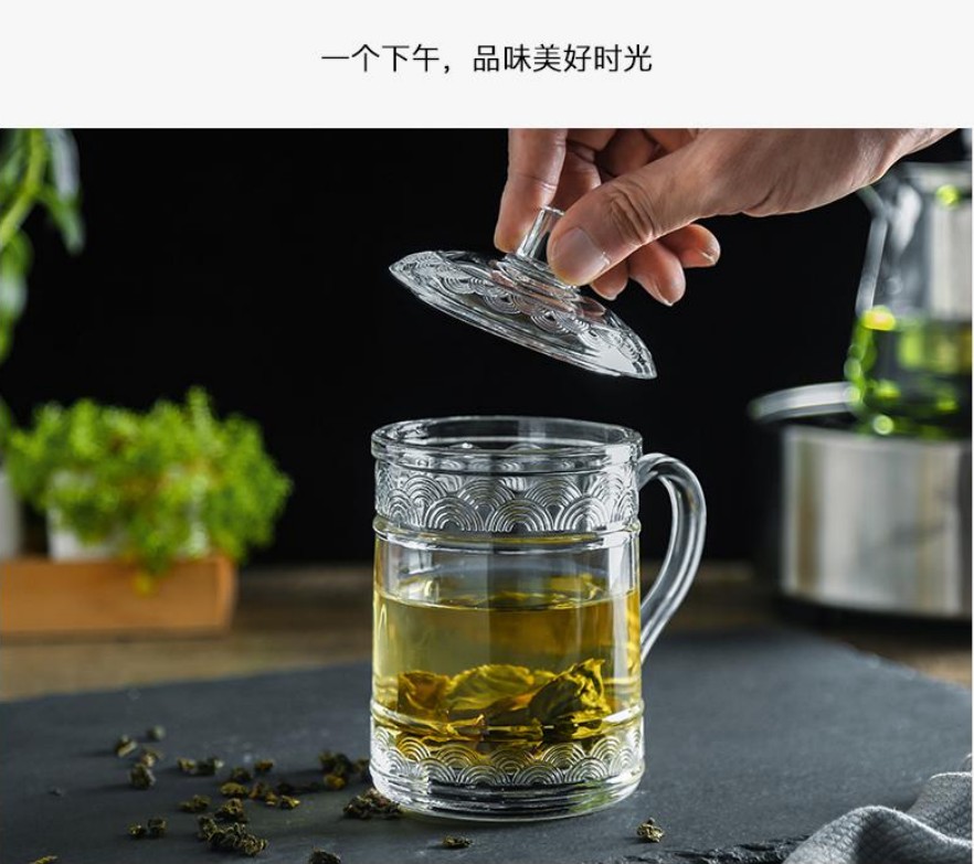 Bare body conference lid cup, household glass tea cup with handle, tea brewing cup, glass cup, water cup, office heat-resistant thickened cup with lid, ins detail image 6