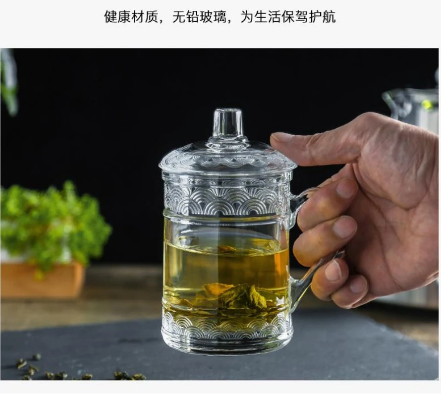 Bare body conference lid cup, household glass tea cup with handle, tea brewing cup, glass cup, water cup, office heat-resistant thickened cup with lid, ins detail image 5