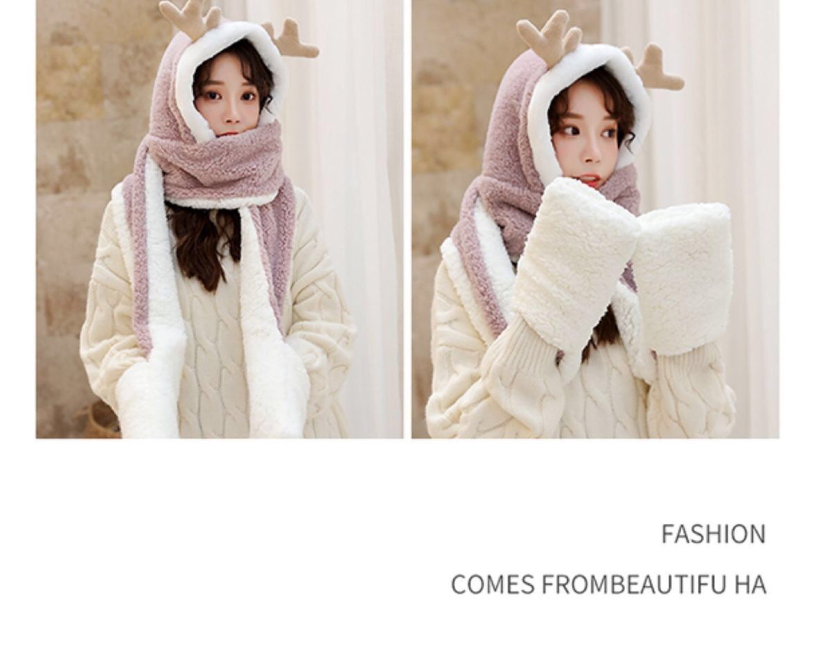 简爱丝缘秋冬毛绒帽子保暖加绒帽子可爱鹿角包头帽围巾一体护耳朵围脖套装详情图18