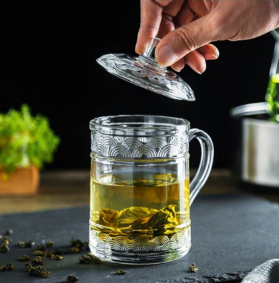 Bare body conference lid cup, household glass tea cup with handle, tea brewing cup, glass cup, water cup, office heat-resistant thickened cup with lid, ins detail image 1