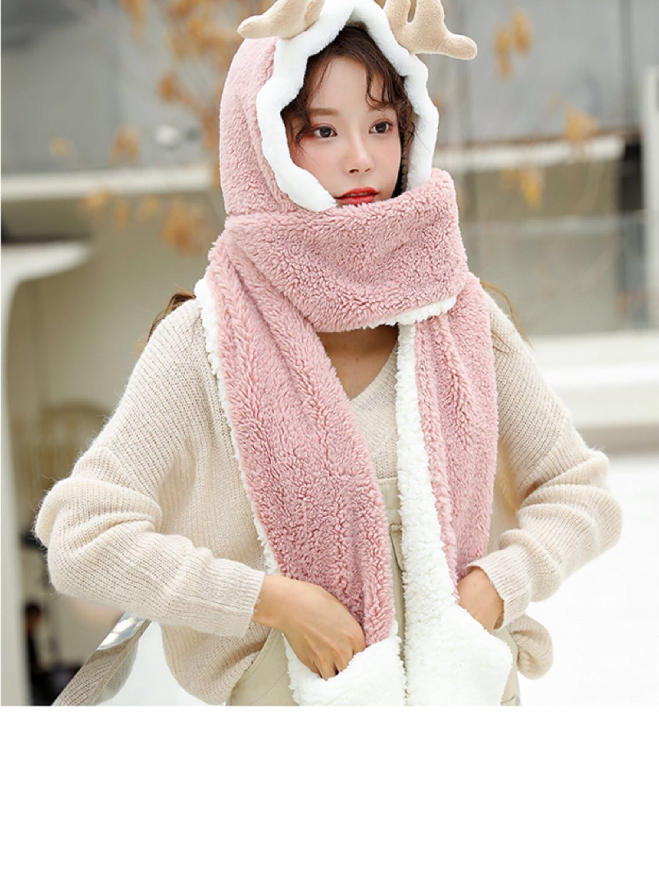 简爱丝缘秋冬毛绒帽子保暖加绒帽子可爱鹿角包头帽围巾一体护耳朵围脖套装详情图12