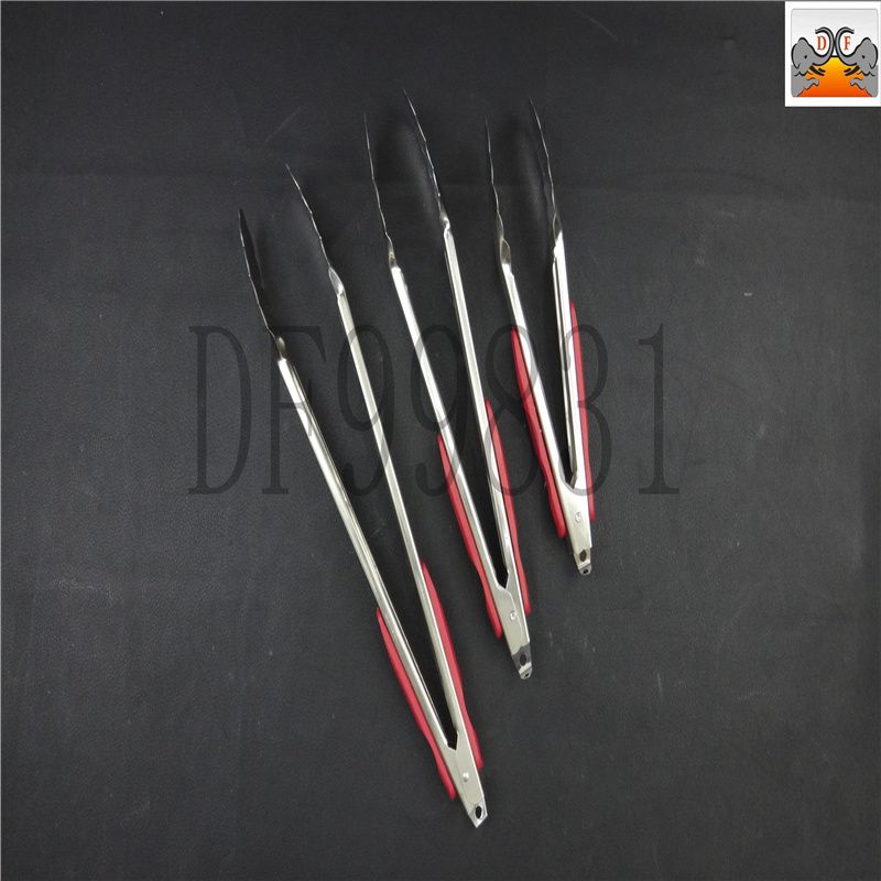 DF99831 Food tongs, Stainless Steel barbecue tongs, Buffet food tongs, Plastic red-handled bread tongs, Hotel Grilled meat steak tongs, DF Trading House