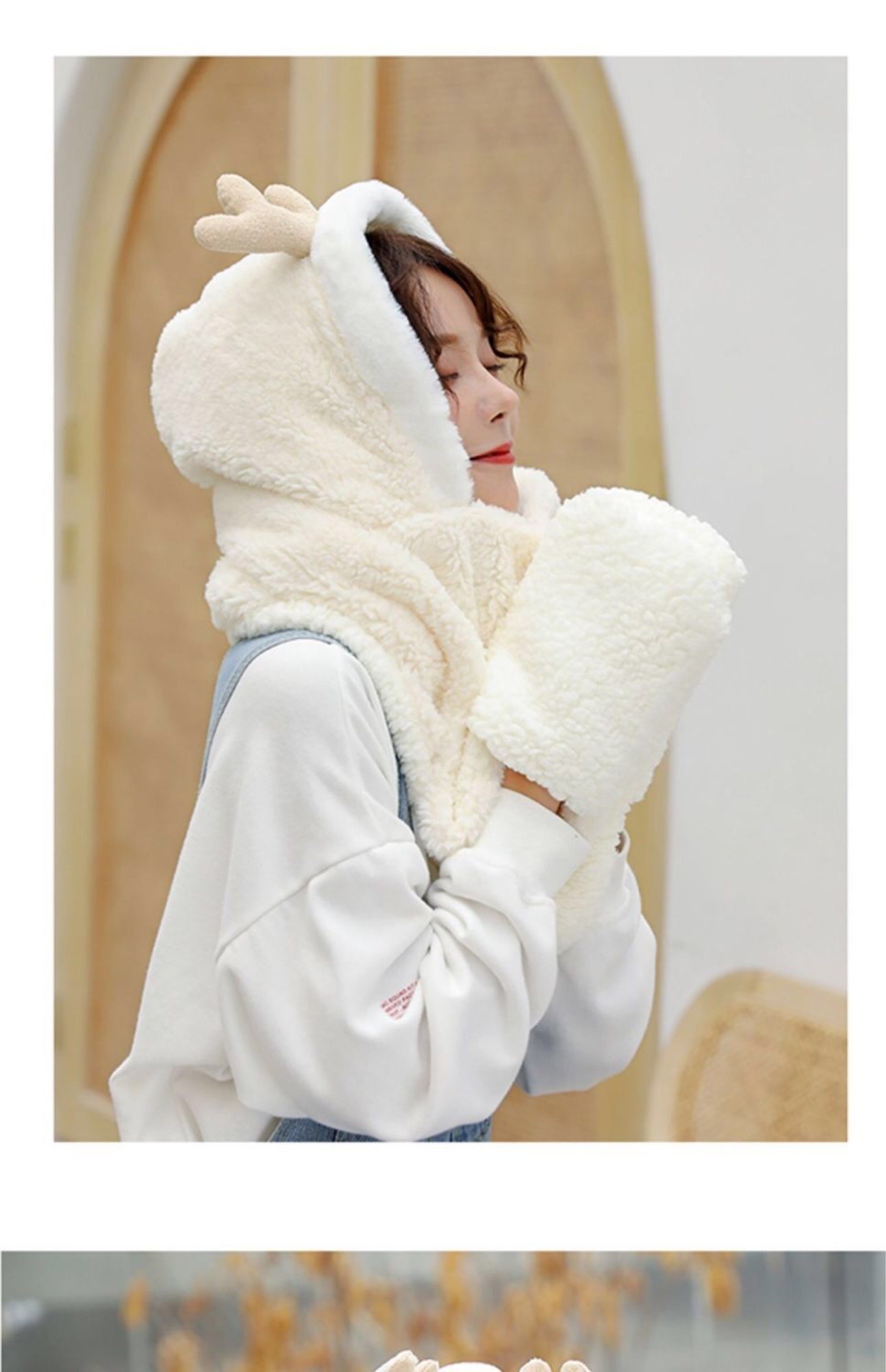 简爱丝缘秋冬毛绒帽子保暖加绒帽子可爱鹿角包头帽围巾一体护耳朵围脖套装详情图11