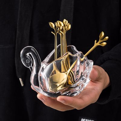 水晶玻璃天鹅底座 创意甜品勺 咖啡勺 收纳金色 不锈钢水果叉 签套装