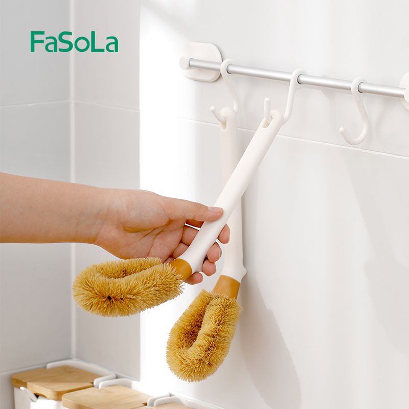 Natural coconut palm household pot brush, a kitchen cleaning long-handled pot brush for lazy people to remove dirt and grease Item Picture