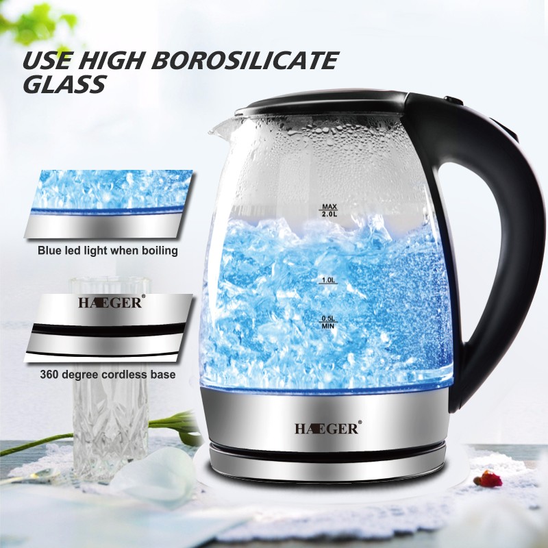 European standard 2.0L high borosilicate glass hot water kettle with blue light, automatic power-off and anti-dry-burning electric kettle R.7818 detail image 2