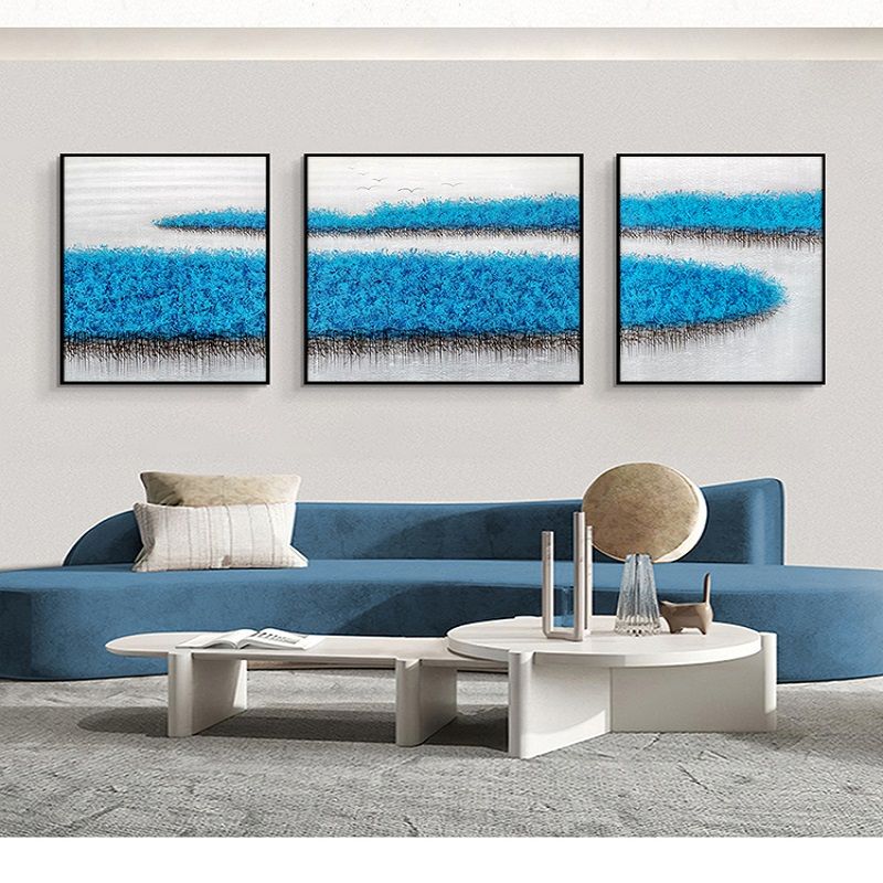 蓝色花海 纯手绘油画现代客厅沙发背景墙