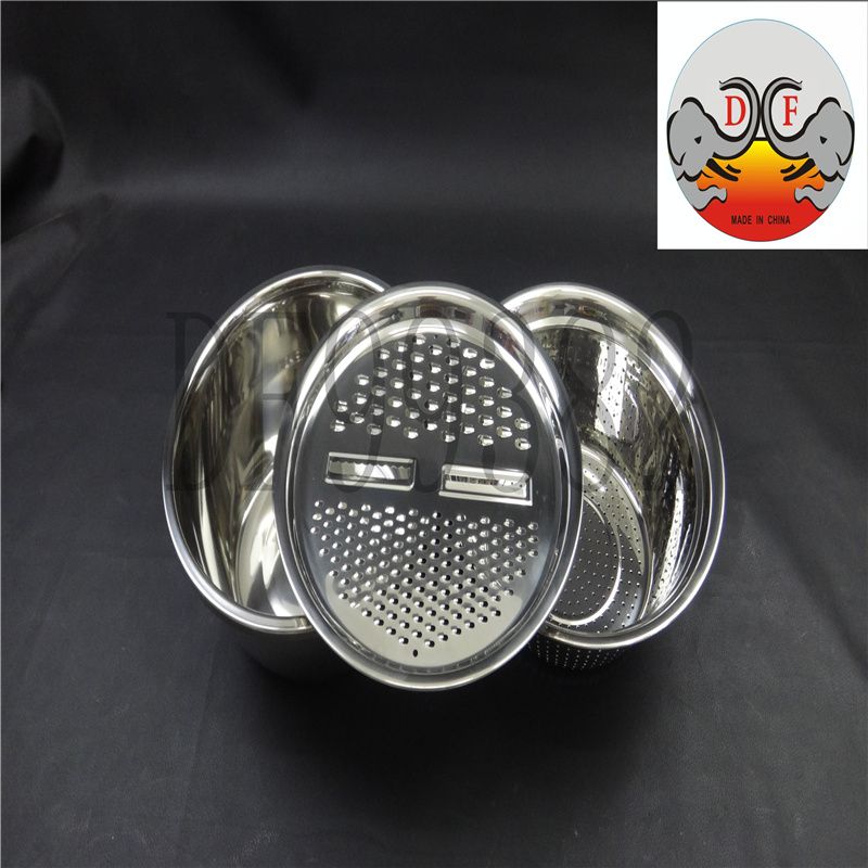 DF99382 Practical Draining Basin Three-piece Set, Stainless Steel grater Basin Three-piece set, Kitchen and Household multi-functional grater basin, drain basin, rice-washing basin, draining Basin, DF Trading House