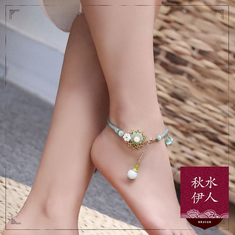 仿猫眼石玉石脚链女冷淡风琉璃森系闺蜜流苏脚饰性感简约装饰足链