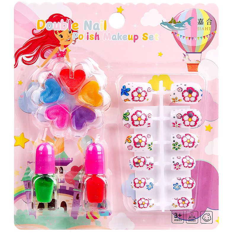 儿童彩妆玩具卡通水溶性可水洗双瓶指甲油套装梅花唇彩美甲片饰品图