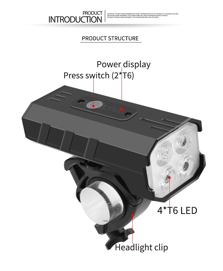 Z026 New 4T6 high-intensity bicycle headlight, USB charging, battery level display, bicycle light and riding light detail image 6