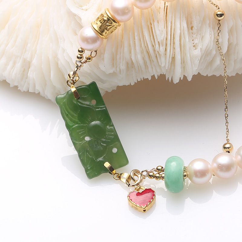 Natural freshwater pearl double-layer bracelet, jade carved square plate, beautiful matching pure gold 999 heart-shaped drip pendant bracelet Item Picture