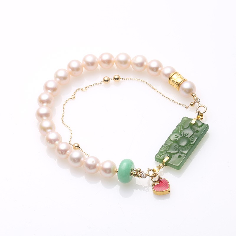 Natural freshwater pearl double-layer bracelet, jade carved square plate, beautiful matching pure gold 999 heart-shaped drip pendant bracelet detail image 3