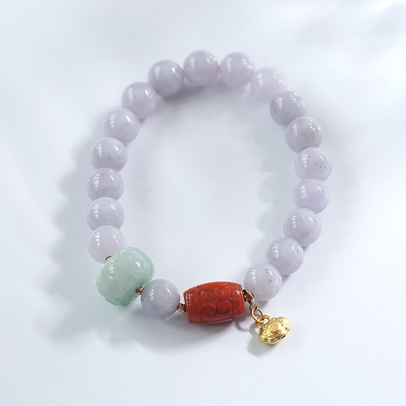 Violet jade bracelet, 999 gold Ruyi peace lock, South Red Road, beautiful and spicy green jade meander beads