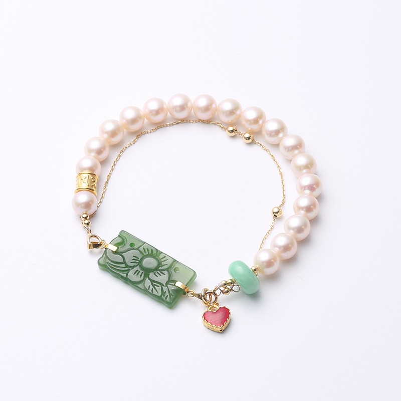 Natural freshwater pearl double-layer bracelet, jade carved square plate, beautiful matching pure gold 999 heart-shaped drip pendant bracelet detail image 2