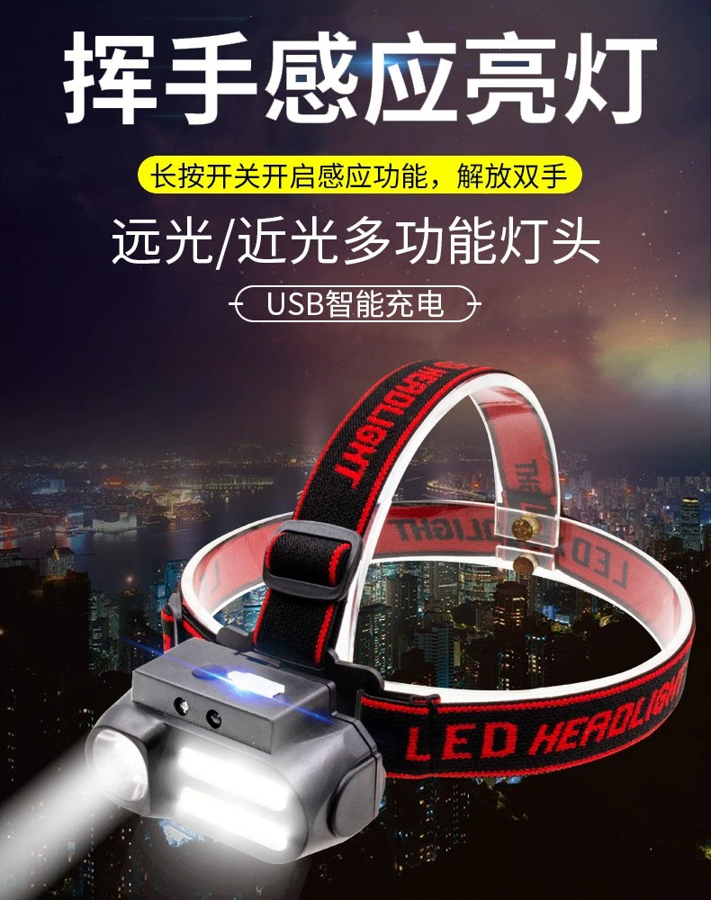 NF-611G wave sensor headlamp, USB charging headlamp, COB outdoor head-mounted flashlight, 18650 lighting emergency light detail image 1