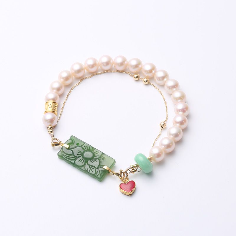 Natural freshwater pearl double-layer bracelet, jade carved square plate, beautiful matching pure gold 999 heart-shaped drip pendant bracelet