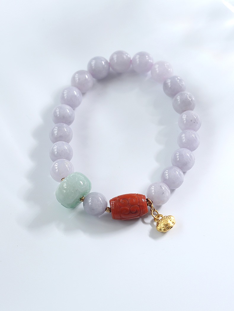 Violet jade bracelet, 999 gold Ruyi peace lock, South Red Road, beautiful and spicy green jade meander beads detail image 1