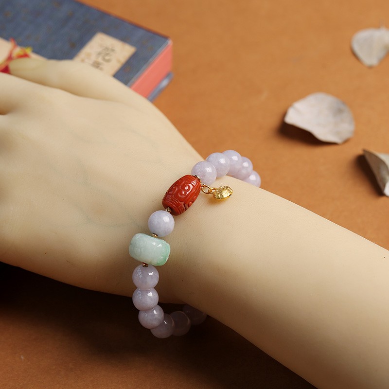 Violet jade bracelet, 999 gold Ruyi peace lock, South Red Road, beautiful and spicy green jade meander beads detail image 7