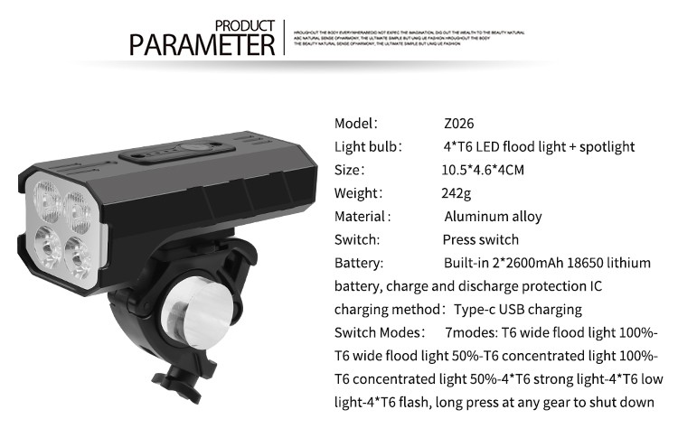 Z026 New 4T6 high-intensity bicycle headlight, USB charging, battery level display, bicycle light and riding light detail image 1