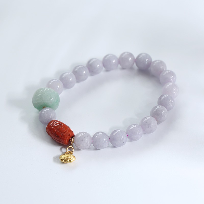 Violet jade bracelet, 999 gold Ruyi peace lock, South Red Road, beautiful and spicy green jade meander beads detail image 2