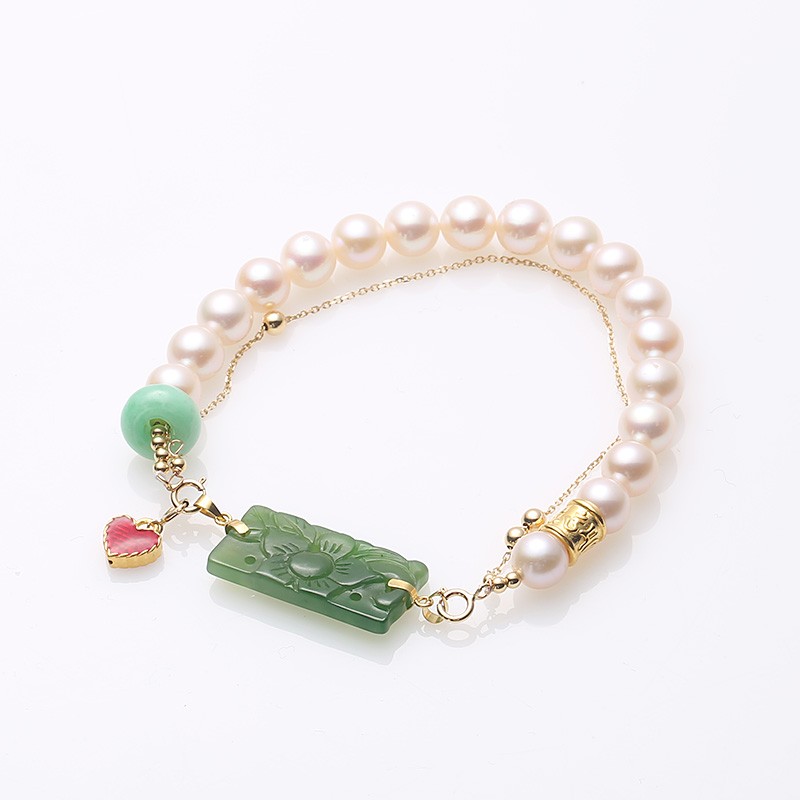 Natural freshwater pearl double-layer bracelet, jade carved square plate, beautiful matching pure gold 999 heart-shaped drip pendant bracelet detail image 1