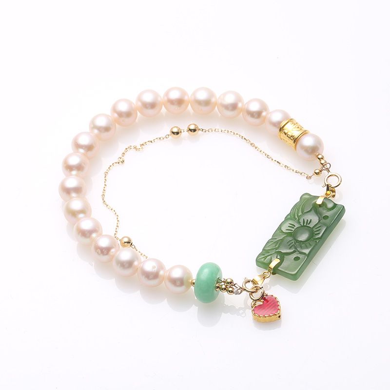 Natural freshwater pearl double-layer bracelet, jade carved square plate, beautiful matching pure gold 999 heart-shaped drip pendant bracelet Specification image
