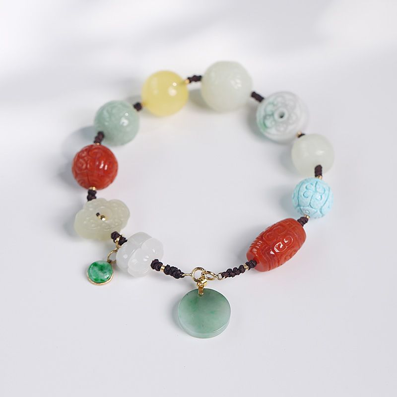 Natural multi-treasure carved bracelet with southern red jade beeswax and Tian jade original colorful bracelet for men and women