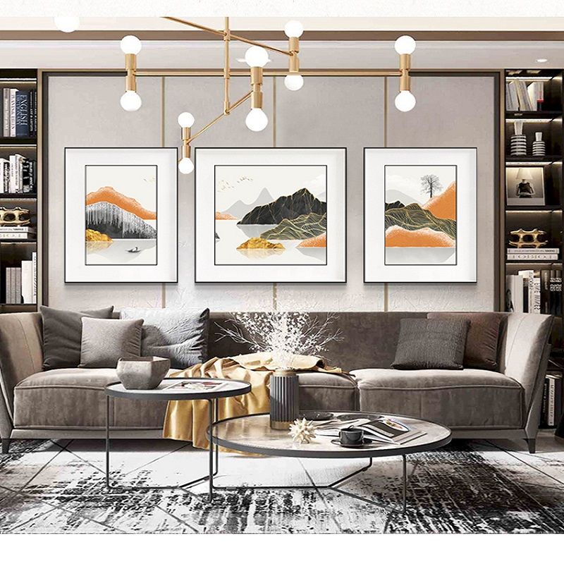 山峦现代简约客厅装饰画沙发背景墙上挂画轻奢三联画抽象鎏金线条壁画