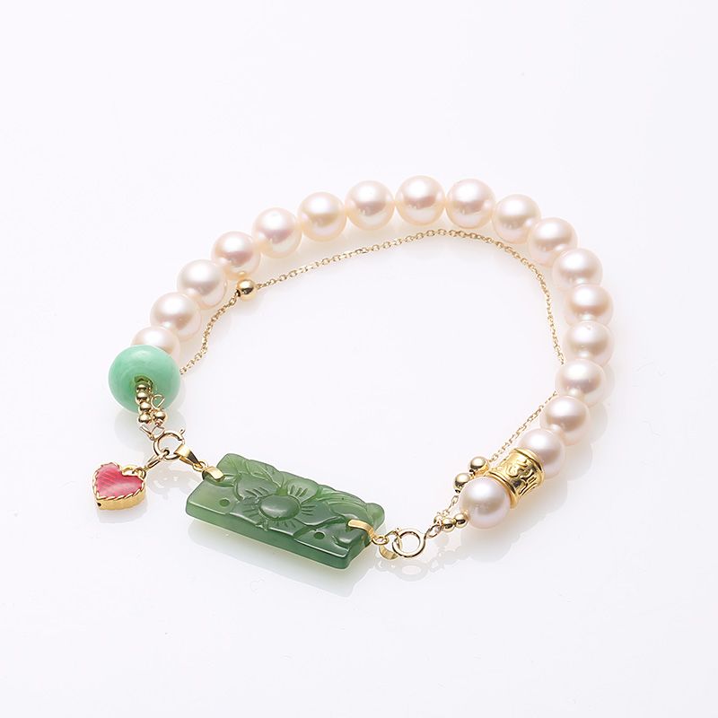 Natural freshwater pearl double-layer bracelet, jade carved square plate, beautiful matching pure gold 999 heart-shaped drip pendant bracelet details Picture