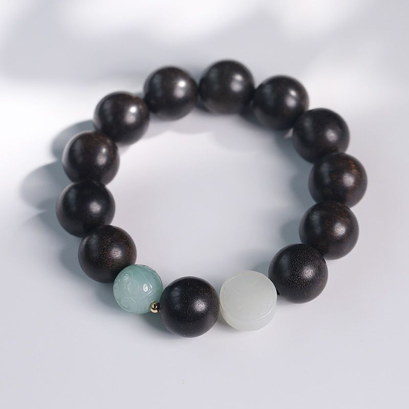 Natural dry pull Agarwood single loop bracelet Hetian jade gold coin jade Road Lutong accessories atmospheric men's bracelet