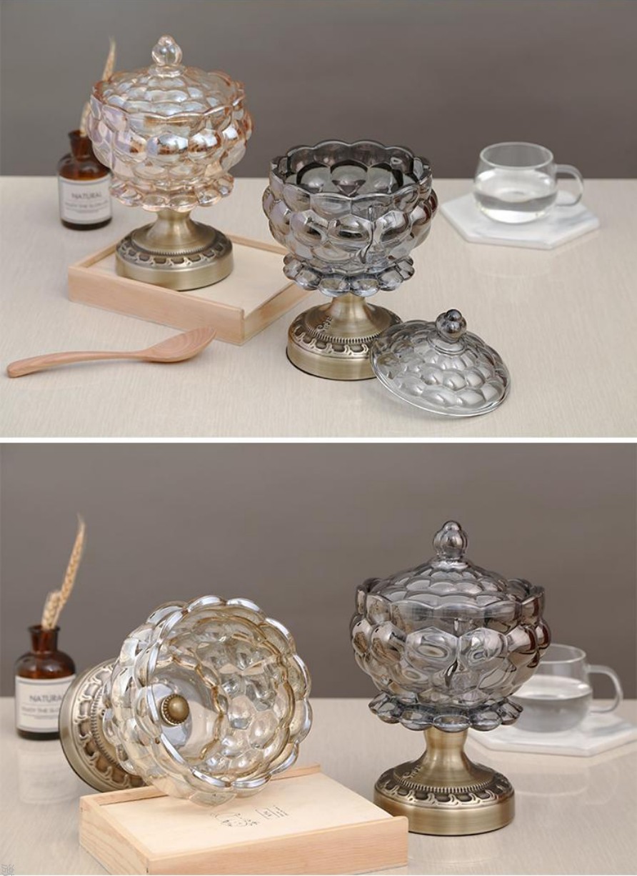 European-style crystal glass candy storage jar decoration, creative home decor with amber platinum cover detail image 4