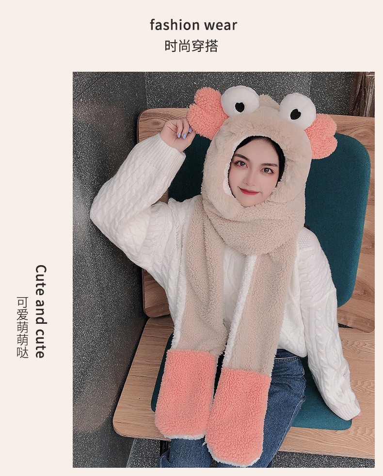 简爱丝缘冬季毛绒帽子围巾手套三件套女学生卡通围脖一体新款加厚保暖套装详情图9