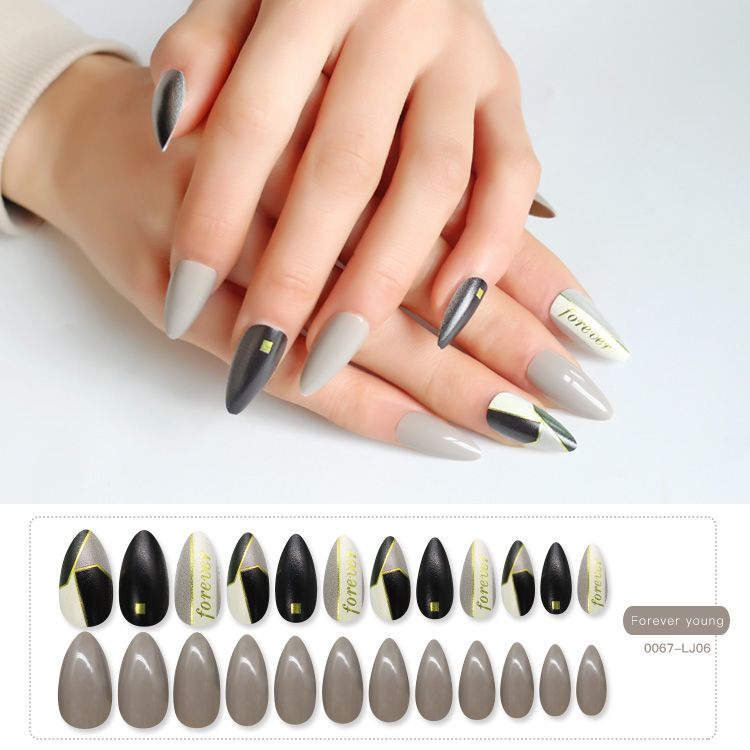 24 pieces of geometric pattern Ins-style metal nail patches, gilded special wearable nail, almond nail factory direct sales, latest technology, best-selling cross-border details Picture