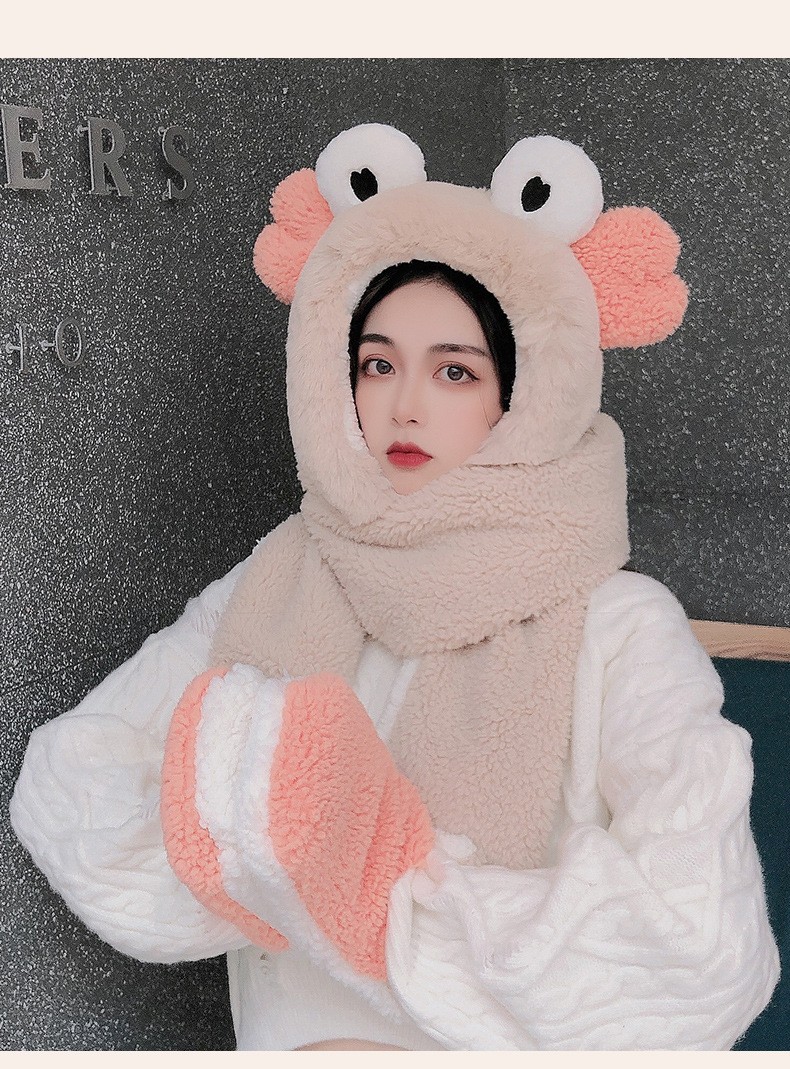 简爱丝缘冬季毛绒帽子围巾手套三件套女学生卡通围脖一体新款加厚保暖套装详情图10