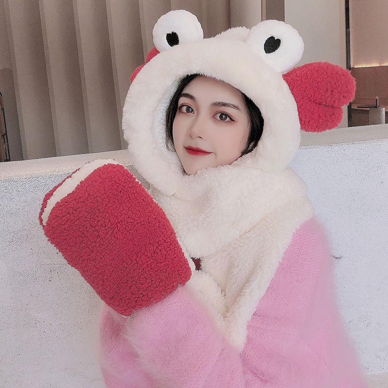 简爱丝缘冬季毛绒帽子围巾手套三件套女学生卡通围脖一体新款加厚保暖套装图