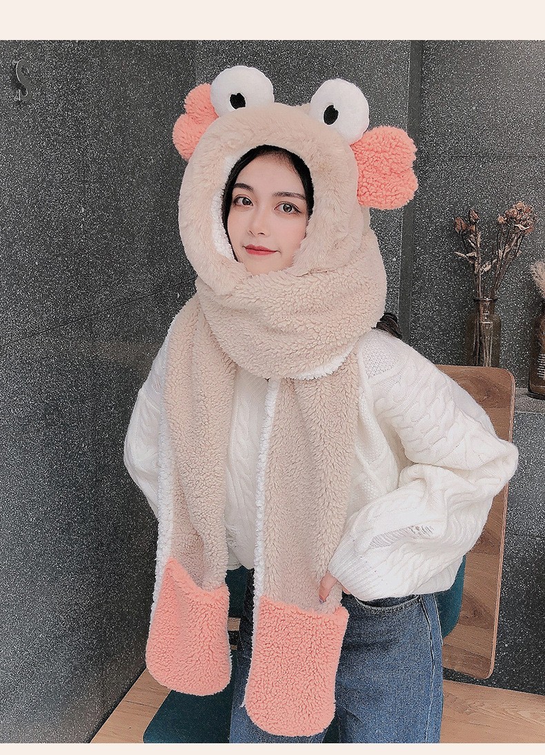 简爱丝缘冬季毛绒帽子围巾手套三件套女学生卡通围脖一体新款加厚保暖套装详情图12