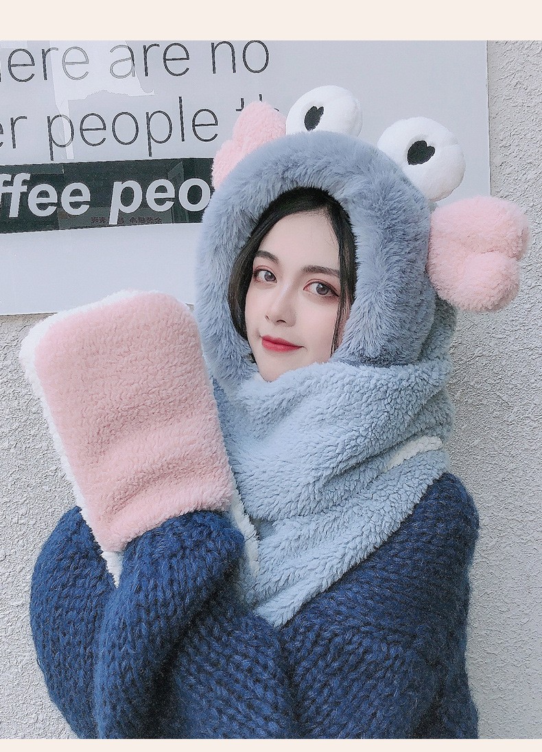 简爱丝缘冬季毛绒帽子围巾手套三件套女学生卡通围脖一体新款加厚保暖套装详情图7