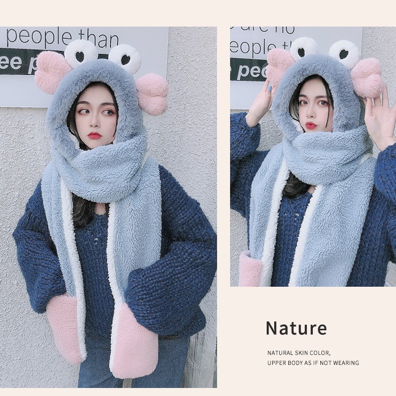 简爱丝缘冬季毛绒帽子围巾手套三件套女学生卡通围脖一体新款加厚保暖套装详情图6