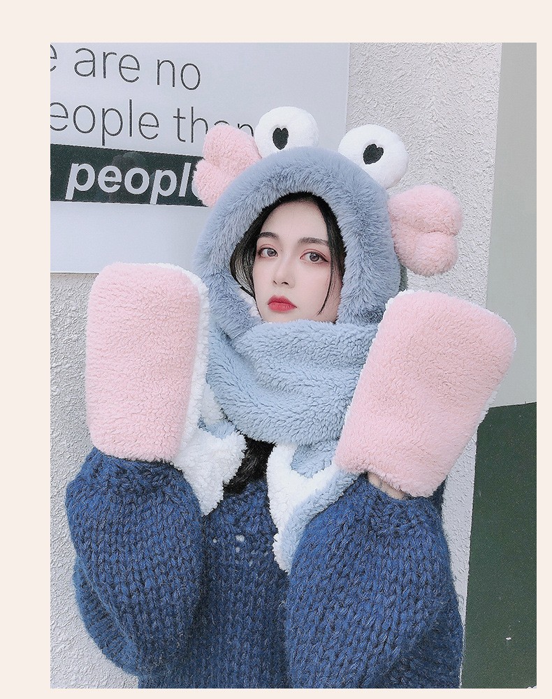 简爱丝缘冬季毛绒帽子围巾手套三件套女学生卡通围脖一体新款加厚保暖套装详情图8