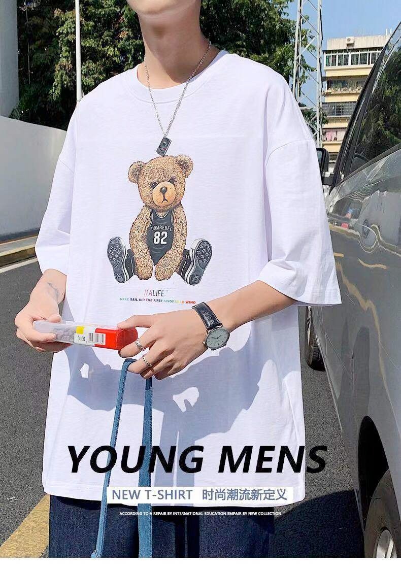 Summer Cartoon Short-Sleeved T-Shirt Male Trend With Loose Half-Sleeved Student Shirt Ins Hong Kong Wind Couple Five-Quarter Sleeve details Picture