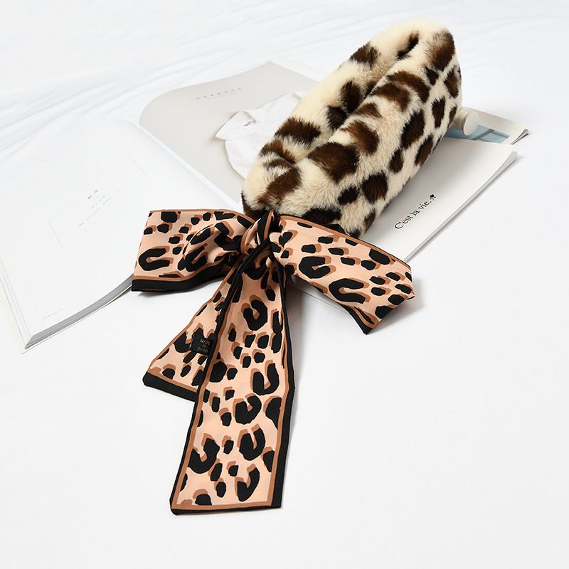 Jane Eyre Silk Ribbon [Leopard Print Ribbon] New Autumn and Winter Women's Scarf imitating Rex Rabbit fur, Korean version Harajuku plush student couple Scarf